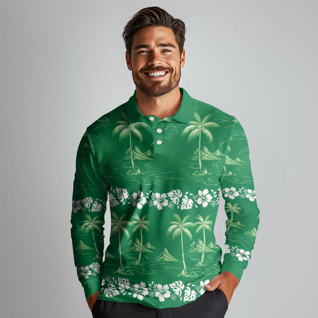 Green Hawaii Palm Tree Hibiscus Long Sleeve Polo Shirt Fantasy Summer Vibe LT01 - Polynesian Pride