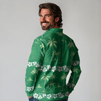 Green Hawaii Palm Tree Hibiscus Long Sleeve Polo Shirt Fantasy Summer Vibe LT01 - Polynesian Pride