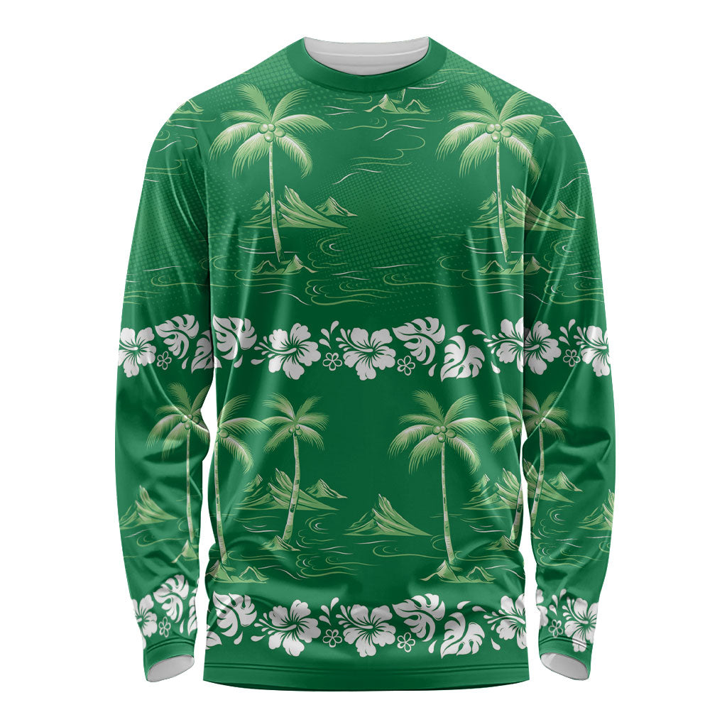 Green Hawaii Palm Tree Hibiscus Long Sleeve Shirt Fantasy Summer Vibe LT01 Unisex Green - Polynesian Pride