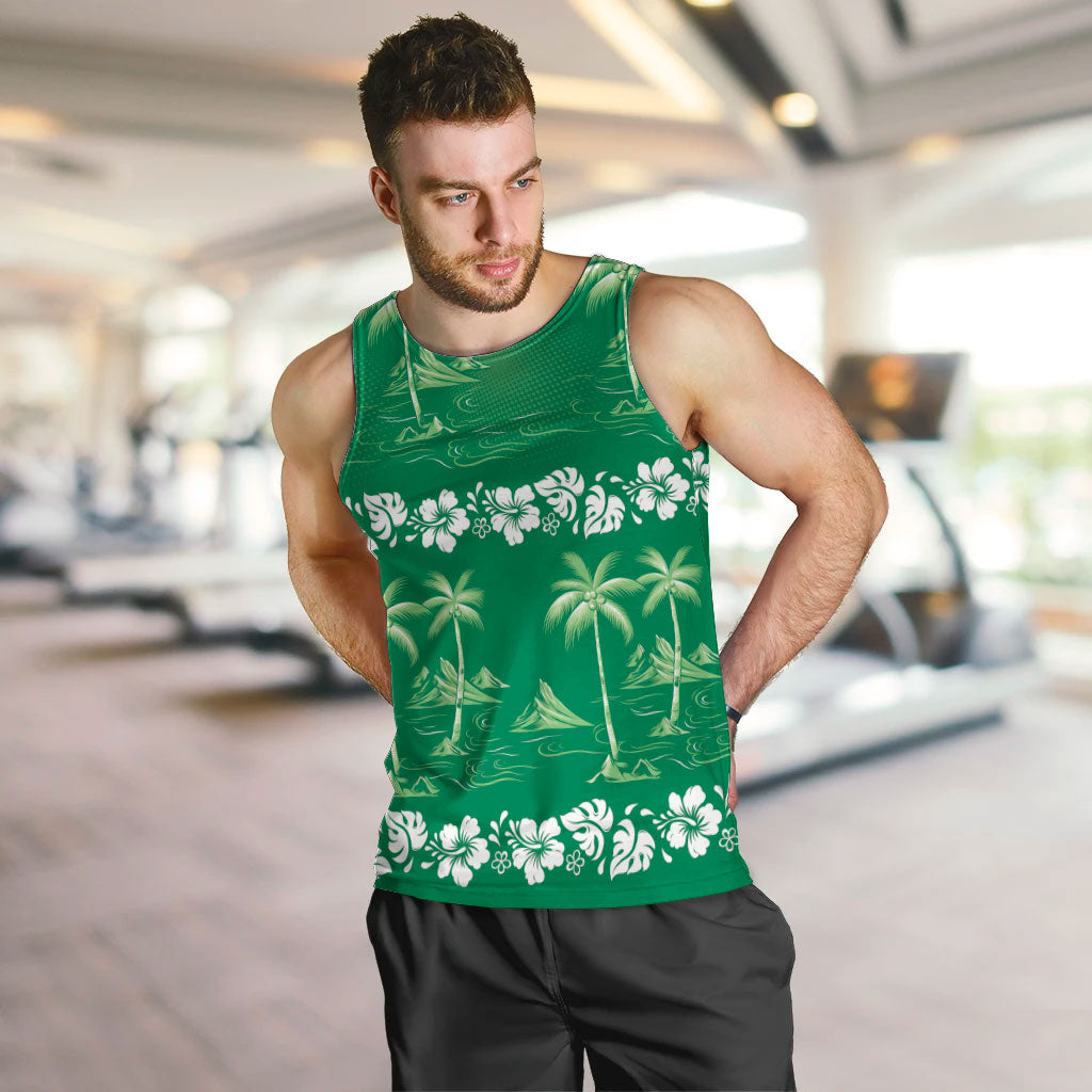 Green Hawaii Palm Tree Hibiscus Men Tank Top Fantasy Summer Vibe LT01 Green - Polynesian Pride