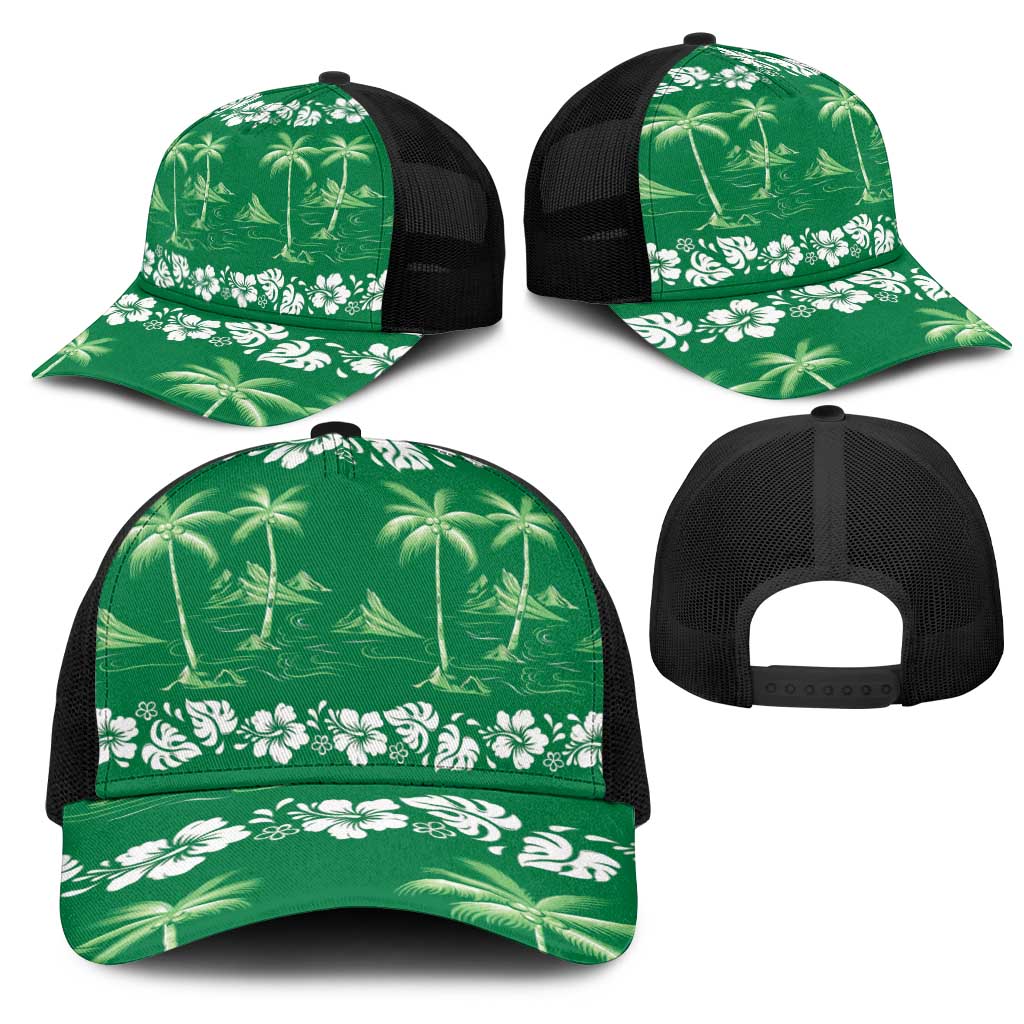 Green Hawaii Palm Tree Hibiscus Mesh Trucker Cap Fantasy Summer Vibe LT01 - Polynesian Pride