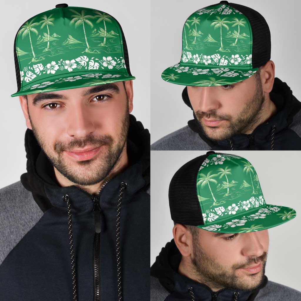 Green Hawaii Palm Tree Hibiscus Mesh Trucker Cap Fantasy Summer Vibe LT01 - Polynesian Pride