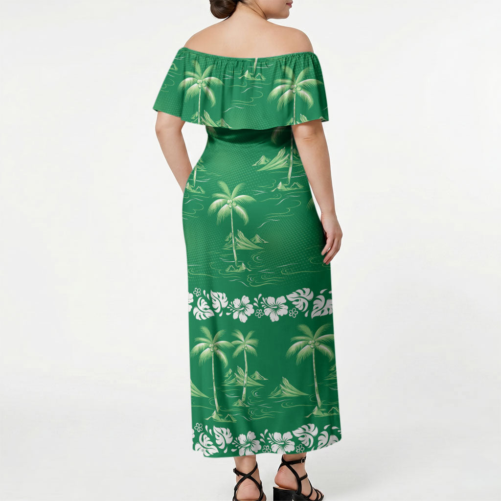 Green Hawaii Palm Tree Hibiscus Off Shoulder Maxi Dress Fantasy Summer Vibe LT01 - Polynesian Pride