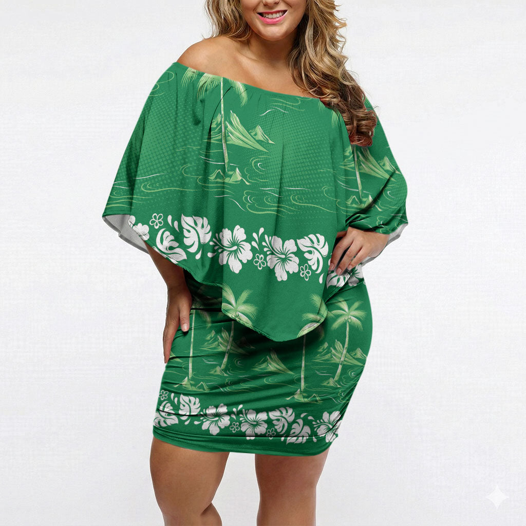 Green Hawaii Palm Tree Hibiscus Off Shoulder Short Dress Fantasy Summer Vibe LT01 Women Green - Polynesian Pride