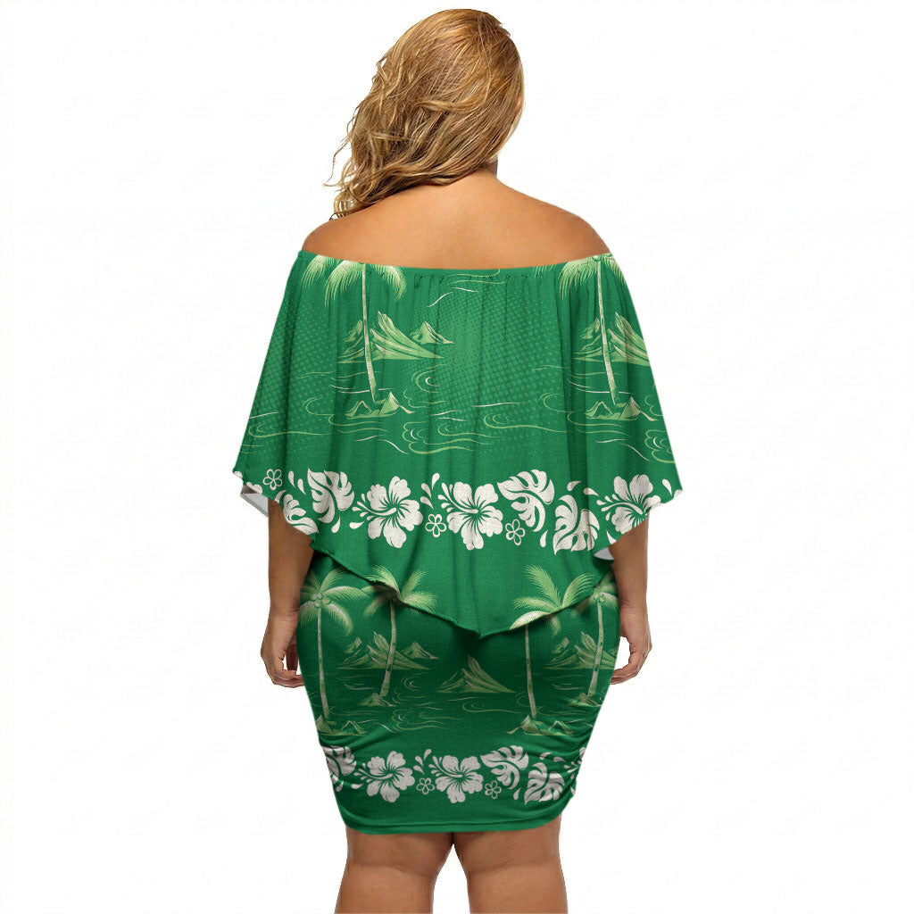 Green Hawaii Palm Tree Hibiscus Off Shoulder Short Dress Fantasy Summer Vibe LT01 - Polynesian Pride