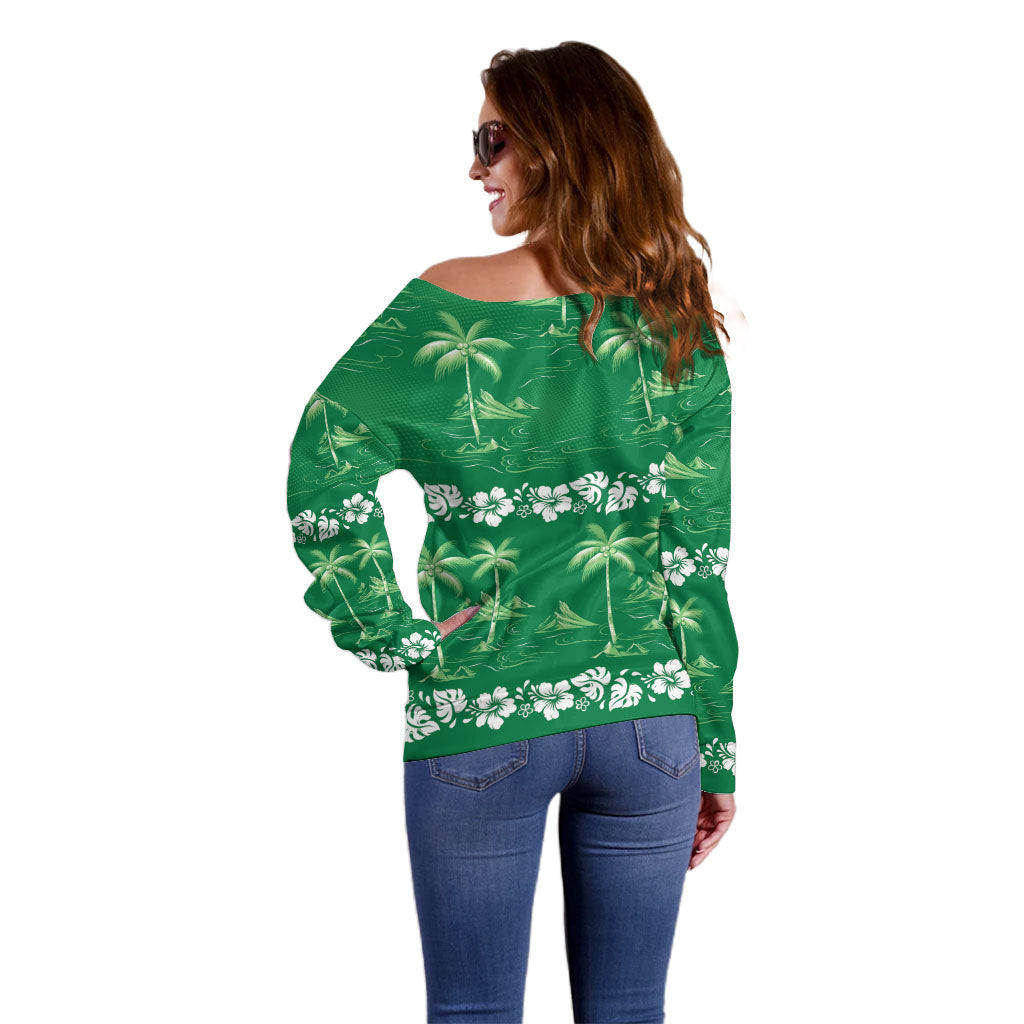 Green Hawaii Palm Tree Hibiscus Off Shoulder Sweater Fantasy Summer Vibe LT01 - Polynesian Pride