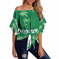 Green Hawaii Palm Tree Hibiscus Off Shoulder Wrap Waist Top Fantasy Summer Vibe LT01 Green - Polynesian Pride