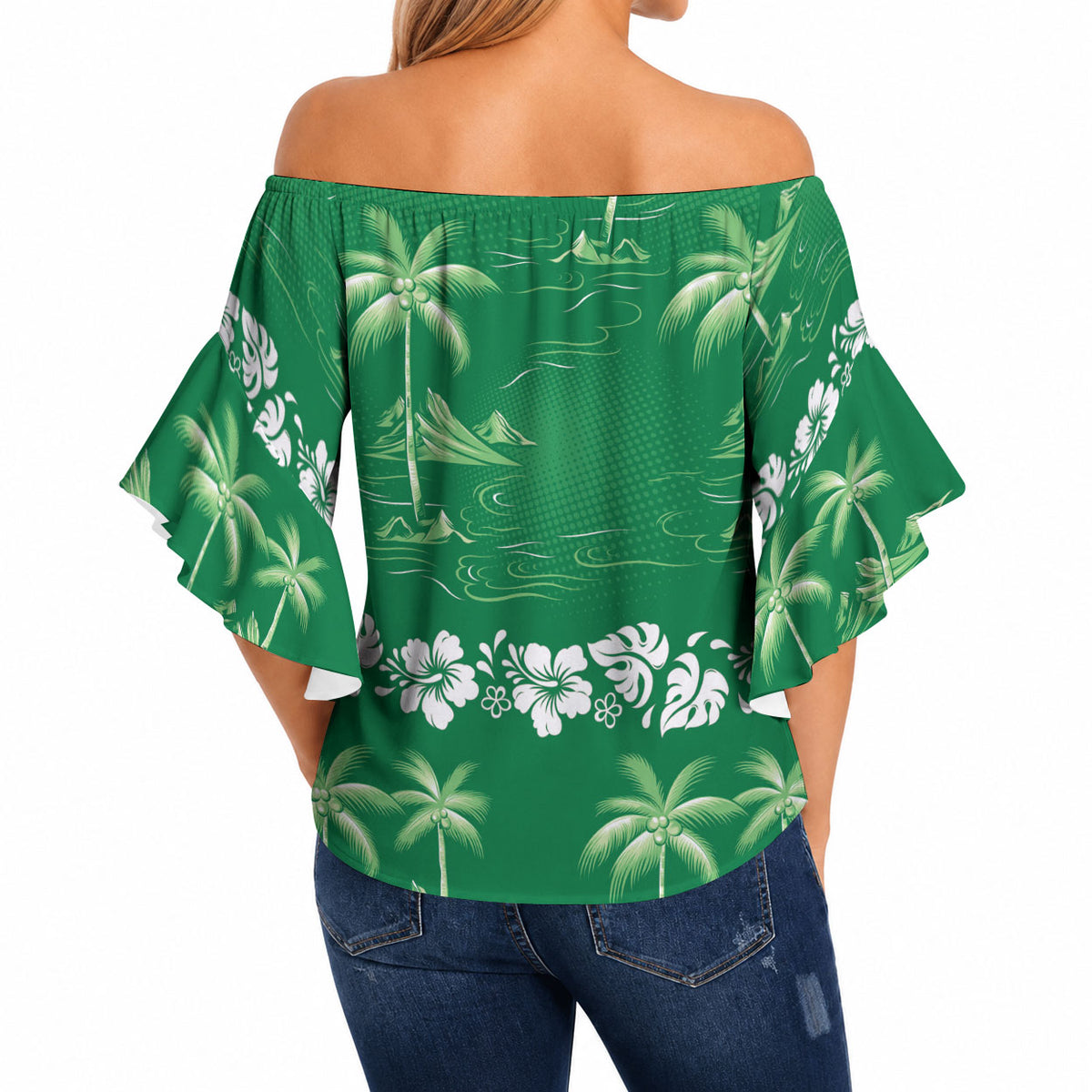 Green Hawaii Palm Tree Hibiscus Off Shoulder Wrap Waist Top Fantasy Summer Vibe LT01 - Polynesian Pride
