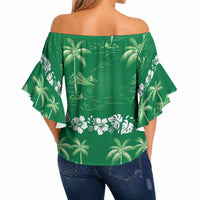Green Hawaii Palm Tree Hibiscus Off Shoulder Wrap Waist Top Fantasy Summer Vibe LT01 - Polynesian Pride