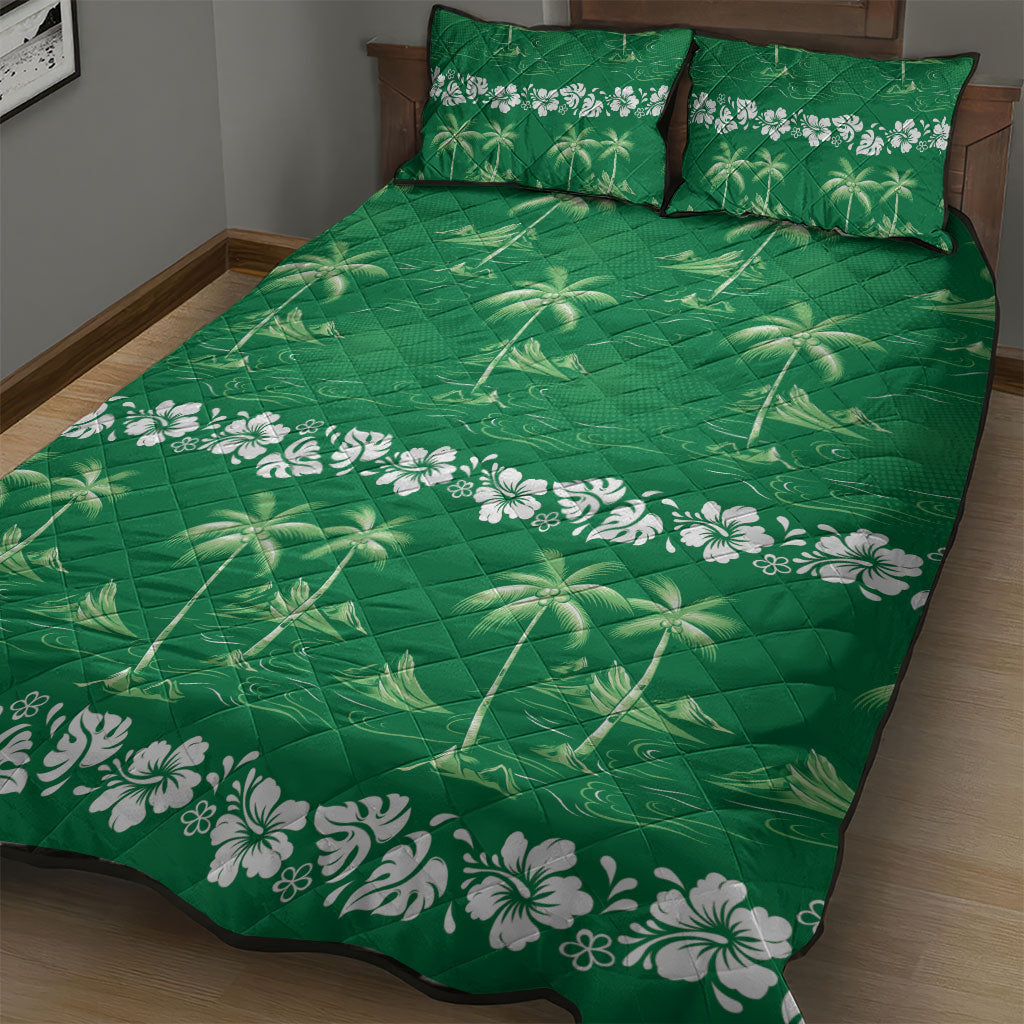 Green Hawaii Palm Tree Hibiscus Quilt Bed Set Fantasy Summer Vibe LT01 - Polynesian Pride