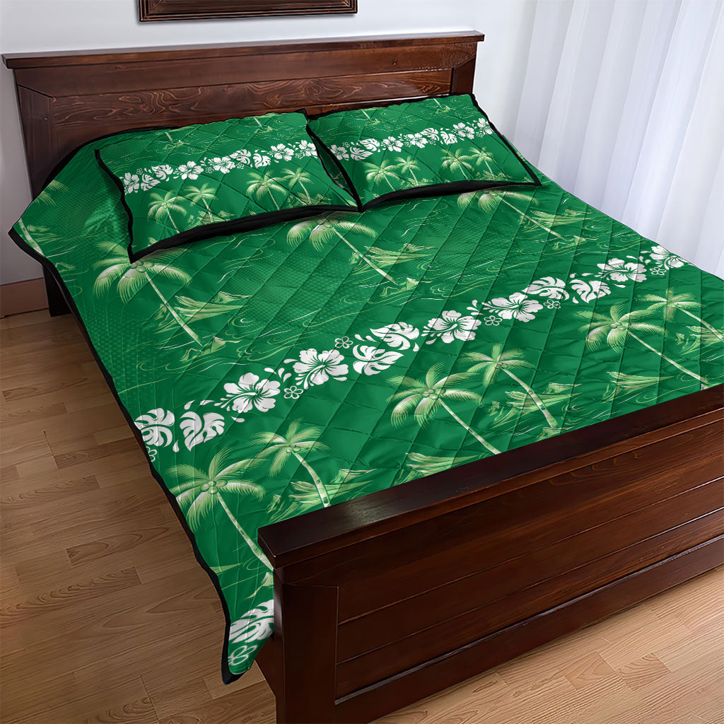 Green Hawaii Palm Tree Hibiscus Quilt Bed Set Fantasy Summer Vibe LT01 - Polynesian Pride
