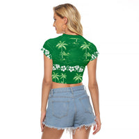 Green Hawaii Palm Tree Hibiscus Raglan Cropped T Shirt Fantasy Summer Vibe LT01 - Polynesian Pride