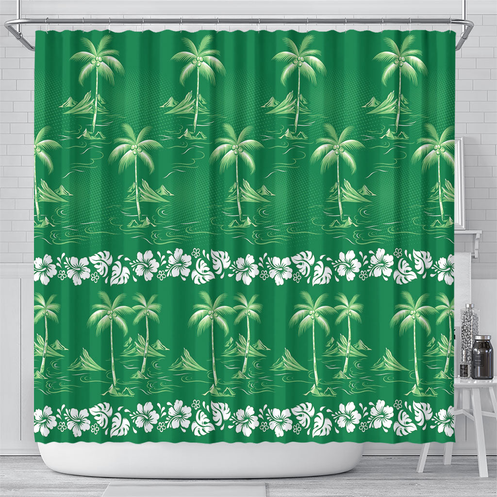 Green Hawaii Palm Tree Hibiscus Shower Curtain Fantasy Summer Vibe