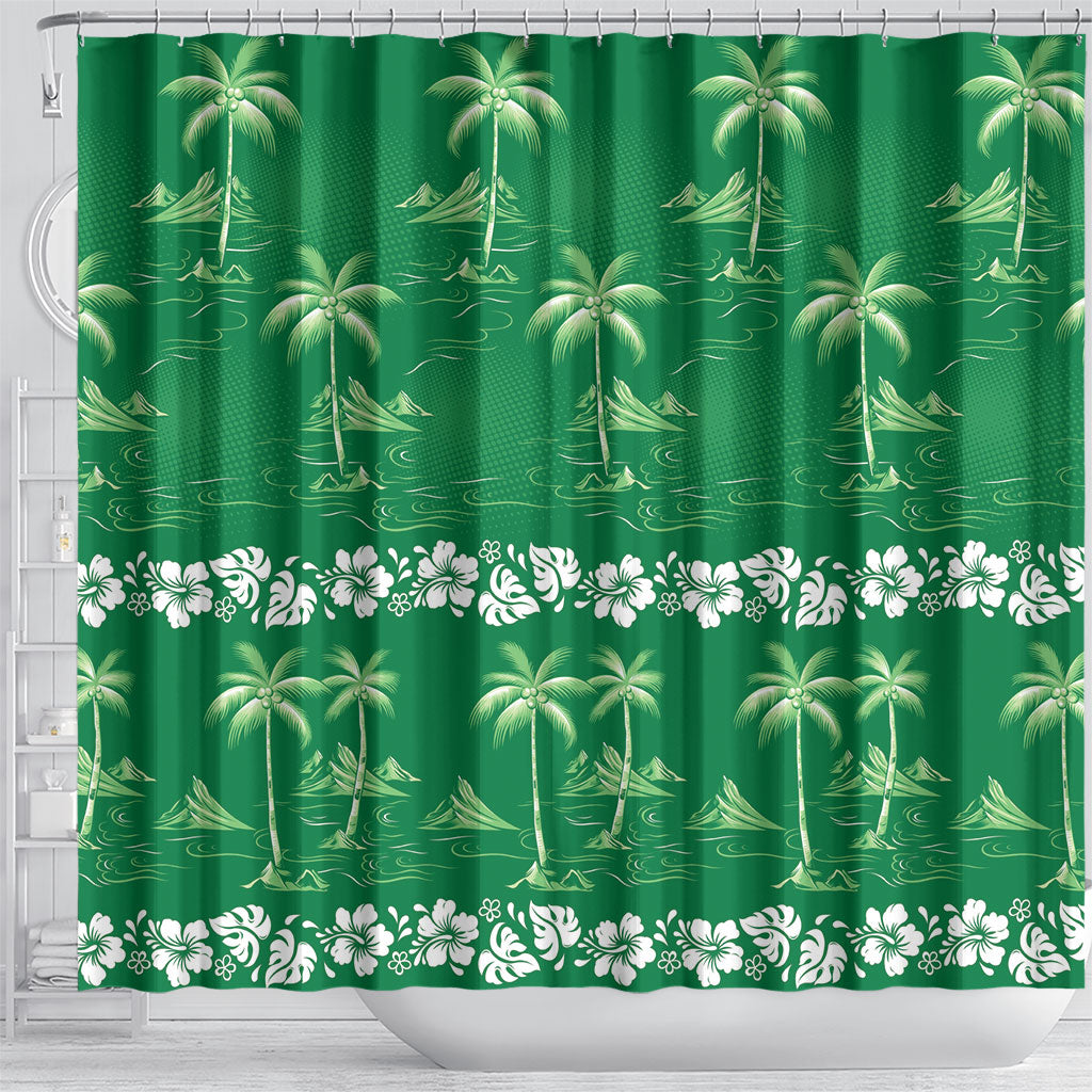 Green Hawaii Palm Tree Hibiscus Shower Curtain Fantasy Summer Vibe