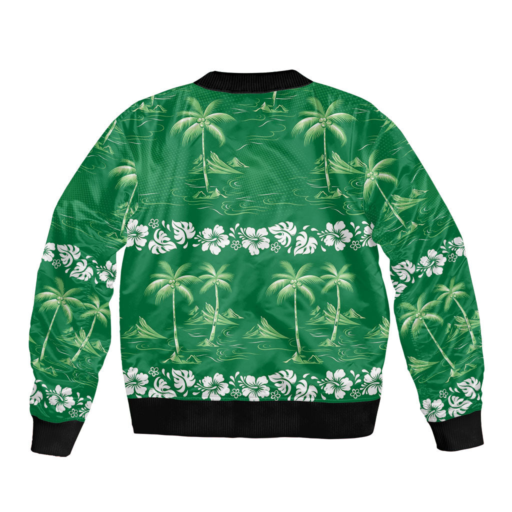 Green Hawaii Palm Tree Hibiscus Sleeve Zip Bomber Jacket Fantasy Summer Vibe LT01 - Polynesian Pride