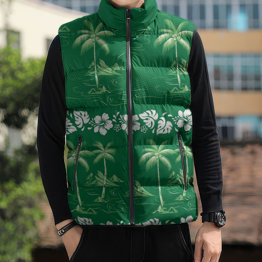 Green Hawaii Palm Tree Hibiscus Sleeveless Puffer Jacket Fantasy Summer Vibe