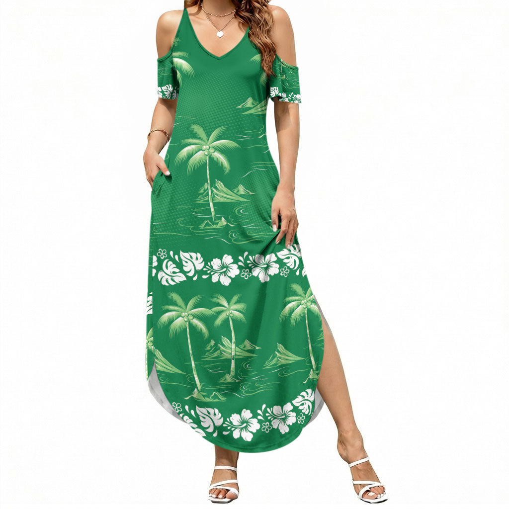 Green Hawaii Palm Tree Hibiscus Summer Maxi Dress Fantasy Summer Vibe