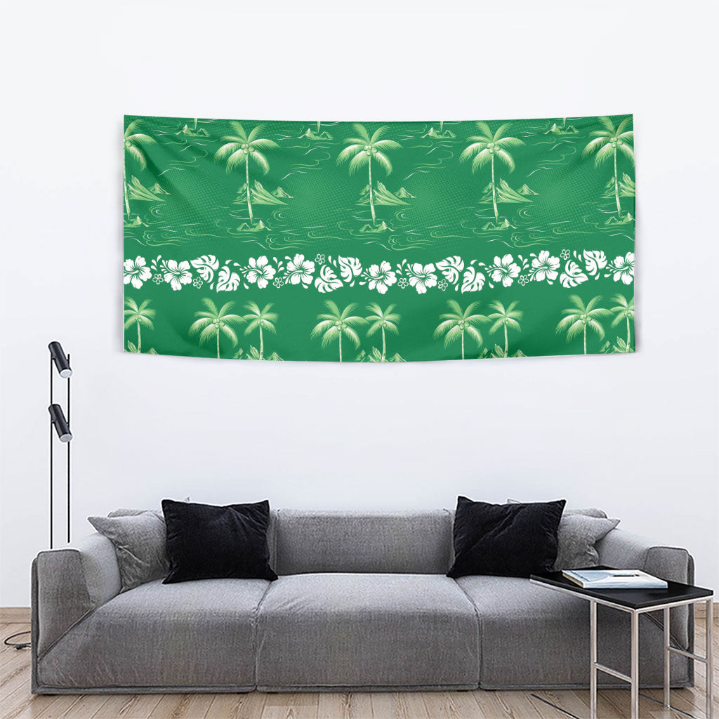 Green Hawaii Palm Tree Hibiscus Tapestry Fantasy Summer Vibe