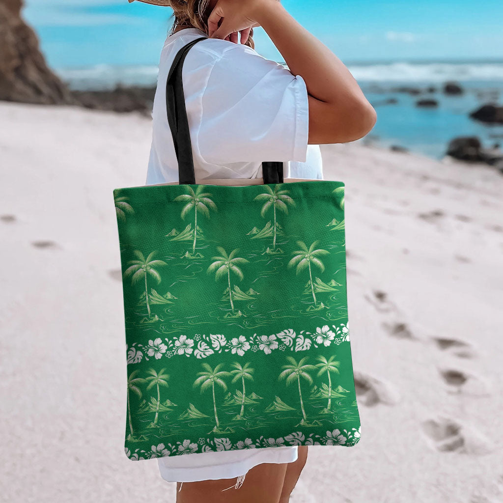 Green Hawaii Palm Tree Hibiscus Tote Bag Fantasy Summer Vibe