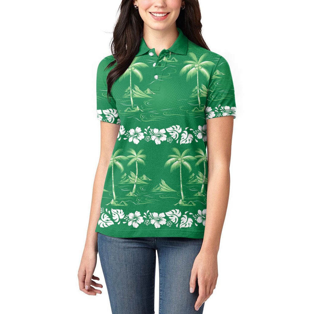 Green Hawaii Palm Tree Hibiscus Women Polo Shirt Fantasy Summer Vibe LT01 - Polynesian Pride