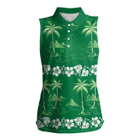 Green Hawaii Palm Tree Hibiscus Women Sleeveless Polo Shirt Fantasy Summer Vibe LT01 Female Green - Polynesian Pride