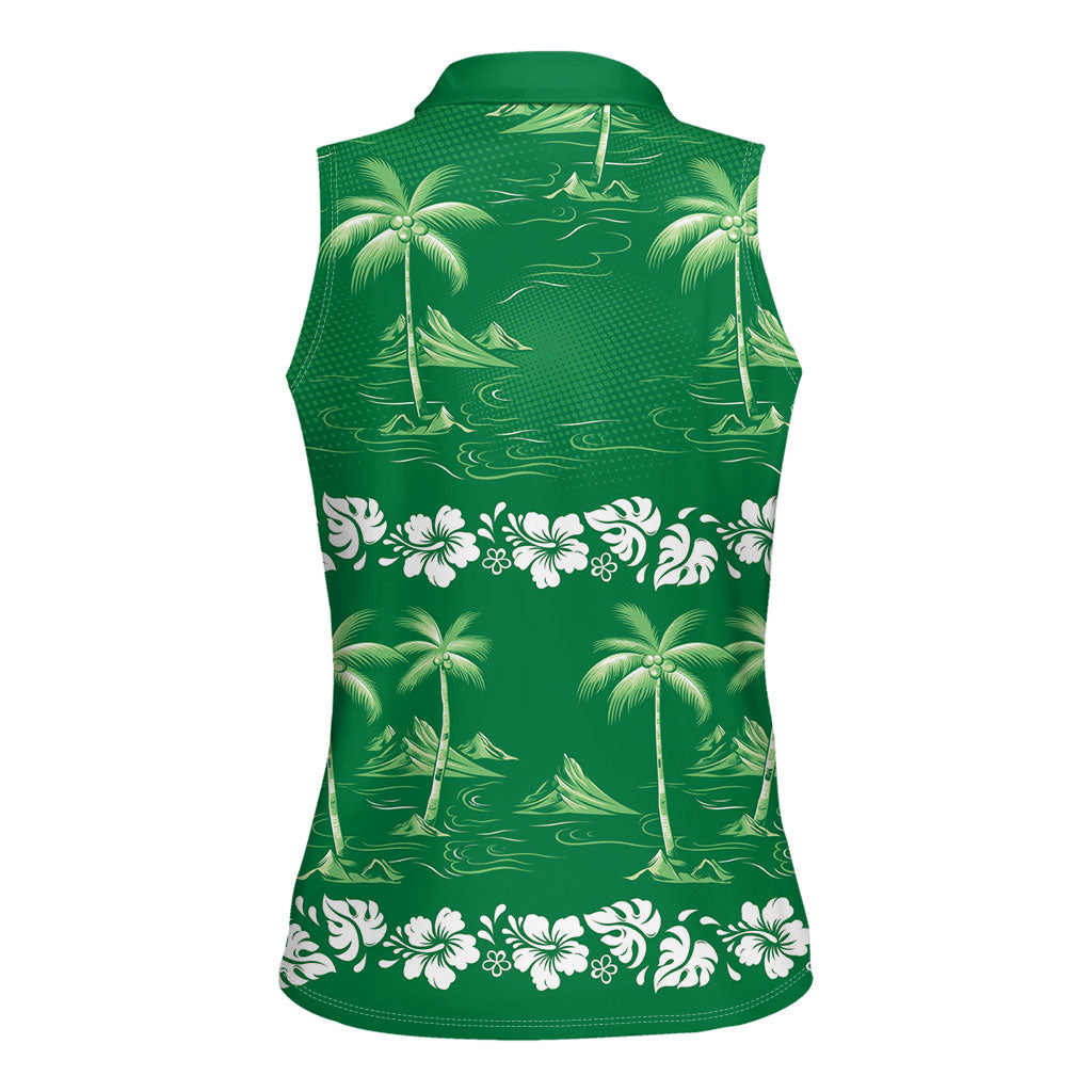 Green Hawaii Palm Tree Hibiscus Women Sleeveless Polo Shirt Fantasy Summer Vibe LT01 - Polynesian Pride