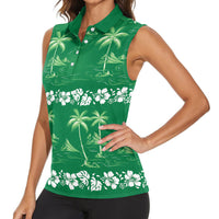 Green Hawaii Palm Tree Hibiscus Women Sleeveless Polo Shirt Fantasy Summer Vibe LT01 - Polynesian Pride
