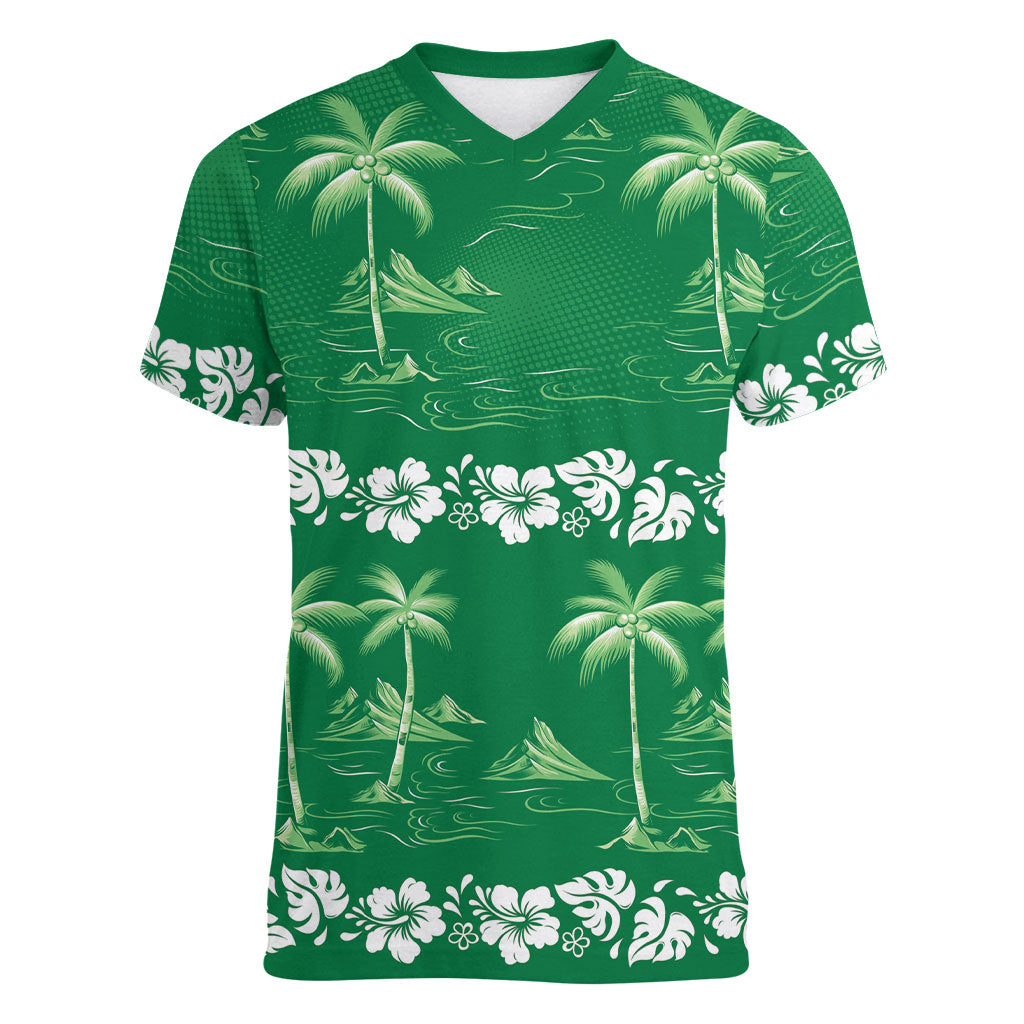 Green Hawaii Palm Tree Hibiscus Women V-Neck T-Shirt Fantasy Summer Vibe LT01 Female Green - Polynesian Pride