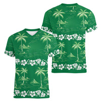 Green Hawaii Palm Tree Hibiscus Women V-Neck T-Shirt Fantasy Summer Vibe LT01 - Polynesian Pride