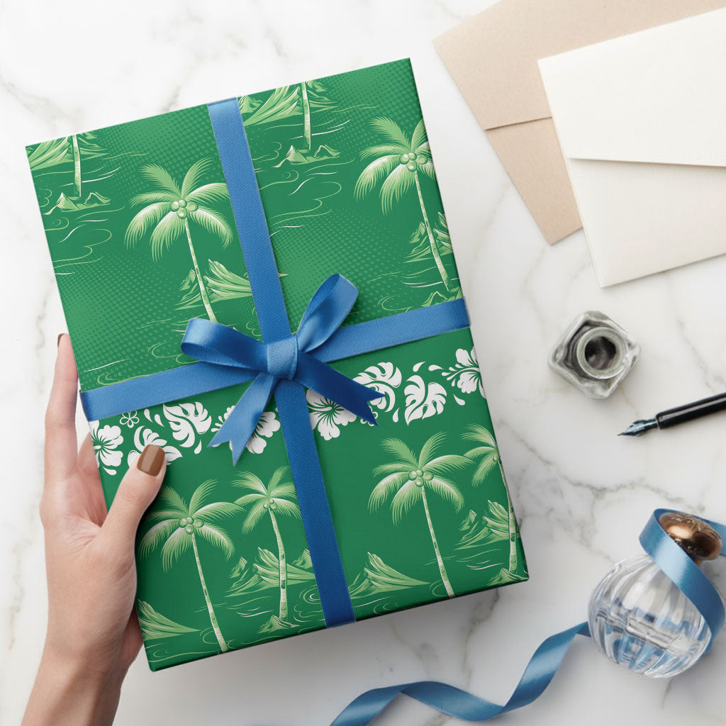 Green Hawaii Palm Tree Hibiscus Wrapping Paper Fantasy Summer Vibe LT01 - Polynesian Pride
