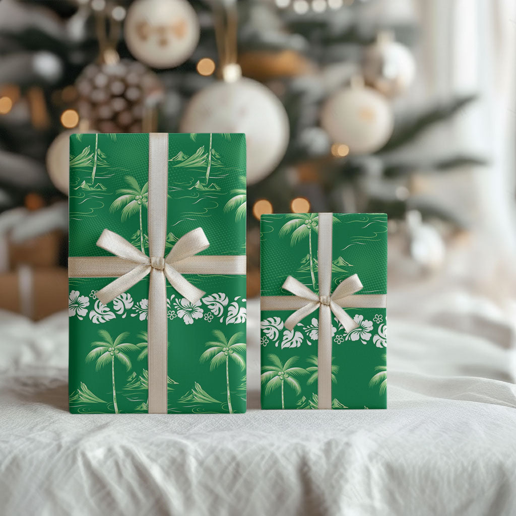 Green Hawaii Palm Tree Hibiscus Wrapping Paper Fantasy Summer Vibe LT01 - Polynesian Pride