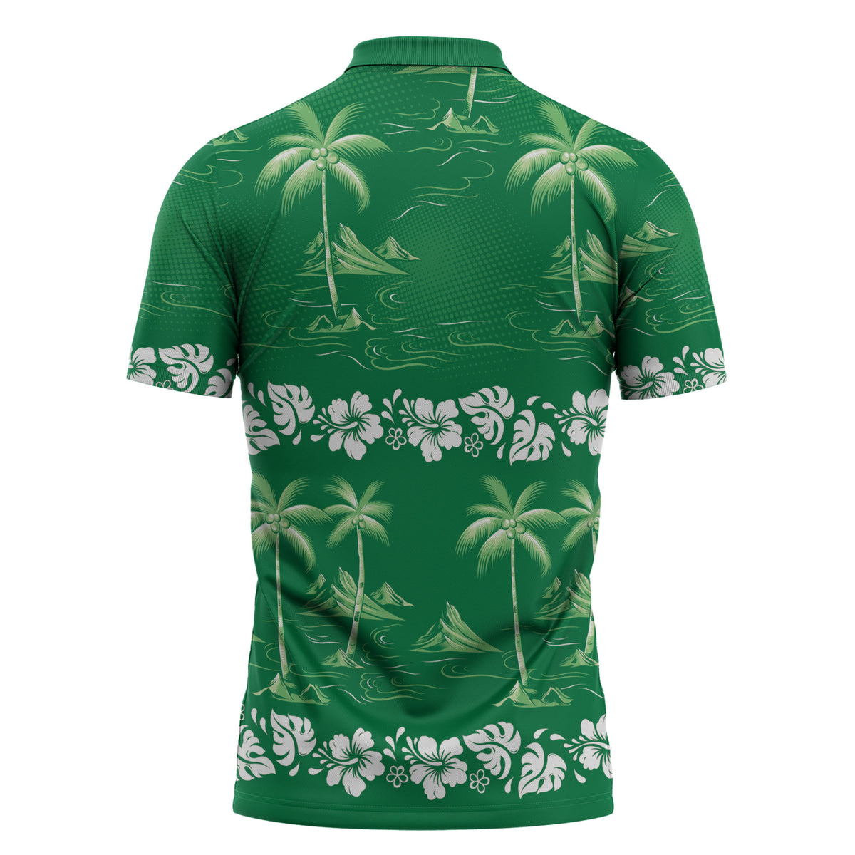 Green Hawaii Palm Tree Hibiscus Zipper Polo Shirt Fantasy Summer Vibe
