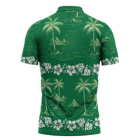 Green Hawaii Palm Tree Hibiscus Zipper Polo Shirt Fantasy Summer Vibe