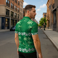 Green Hawaii Palm Tree Hibiscus Zipper Polo Shirt Fantasy Summer Vibe