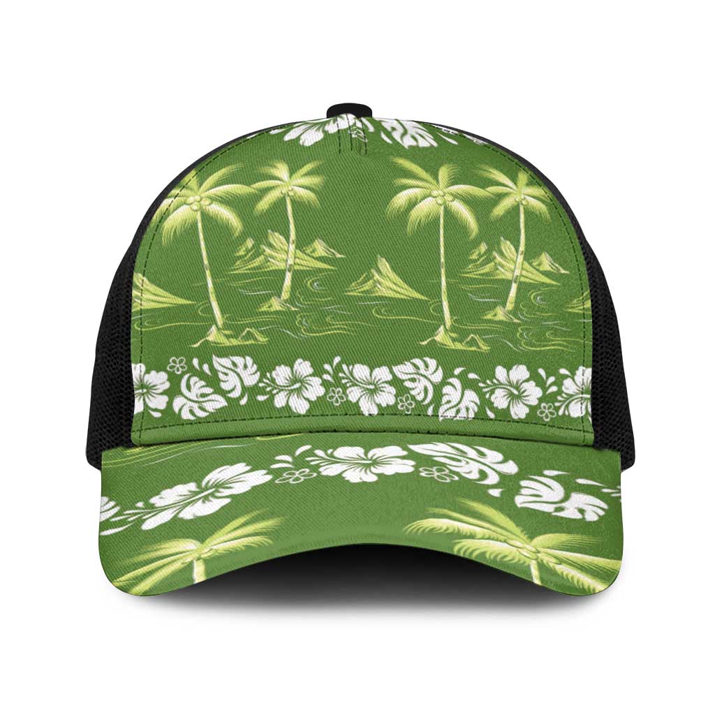 Olive Green Hawaii Palm Tree Hibiscus Baseball Net Cap Fantasy Summer Vibe LT01 One Size Black Olive - Polynesian Pride