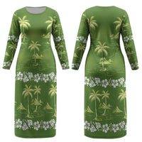 Olive Green Hawaii Palm Tree Hibiscus Couples Matching Long Sleeve Bodycon Dress and Hawaiian Shirt Fantasy Summer Vibe LT01 - Polynesian Pride