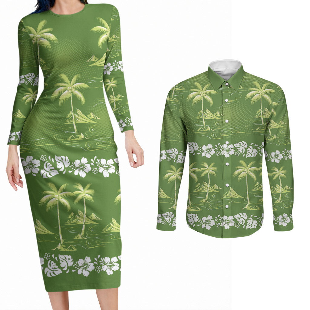 Olive Green Hawaii Palm Tree Hibiscus Couples Matching Long Sleeve Bodycon Dress and Long Sleeve Button Shirt Fantasy Summer Vibe