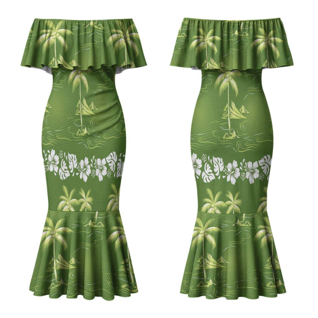 Olive Green Hawaii Palm Tree Hibiscus Couples Matching Mermaid Dress and Hawaiian Shirt Fantasy Summer Vibe