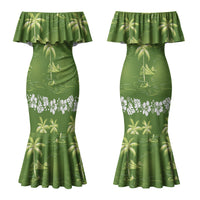 Olive Green Hawaii Palm Tree Hibiscus Couples Matching Mermaid Dress and Hawaiian Shirt Fantasy Summer Vibe