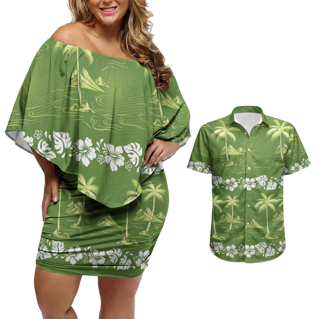Olive Green Hawaii Palm Tree Hibiscus Couples Matching Off Shoulder Short Dress and Hawaiian Shirt Fantasy Summer Vibe