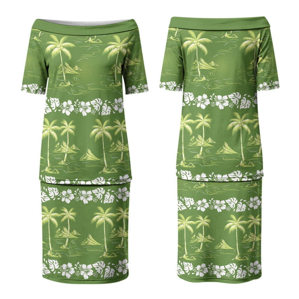 Olive Green Hawaii Palm Tree Hibiscus Couples Matching Puletasi and Hawaiian Shirt Fantasy Summer Vibe LT01 - Polynesian Pride