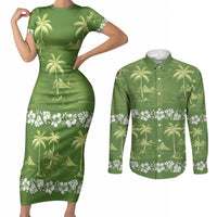 Olive Green Hawaii Palm Tree Hibiscus Couples Matching Short Sleeve Bodycon Dress and Long Sleeve Button Shirt Fantasy Summer Vibe