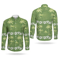 Olive Green Hawaii Palm Tree Hibiscus Couples Matching Short Sleeve Bodycon Dress and Long Sleeve Button Shirt Fantasy Summer Vibe