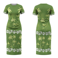 Olive Green Hawaii Palm Tree Hibiscus Couples Matching Short Sleeve Bodycon Dress and Long Sleeve Button Shirt Fantasy Summer Vibe
