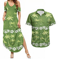 Olive Green Hawaii Palm Tree Hibiscus Couples Matching Summer Maxi Dress and Hawaiian Shirt Fantasy Summer Vibe