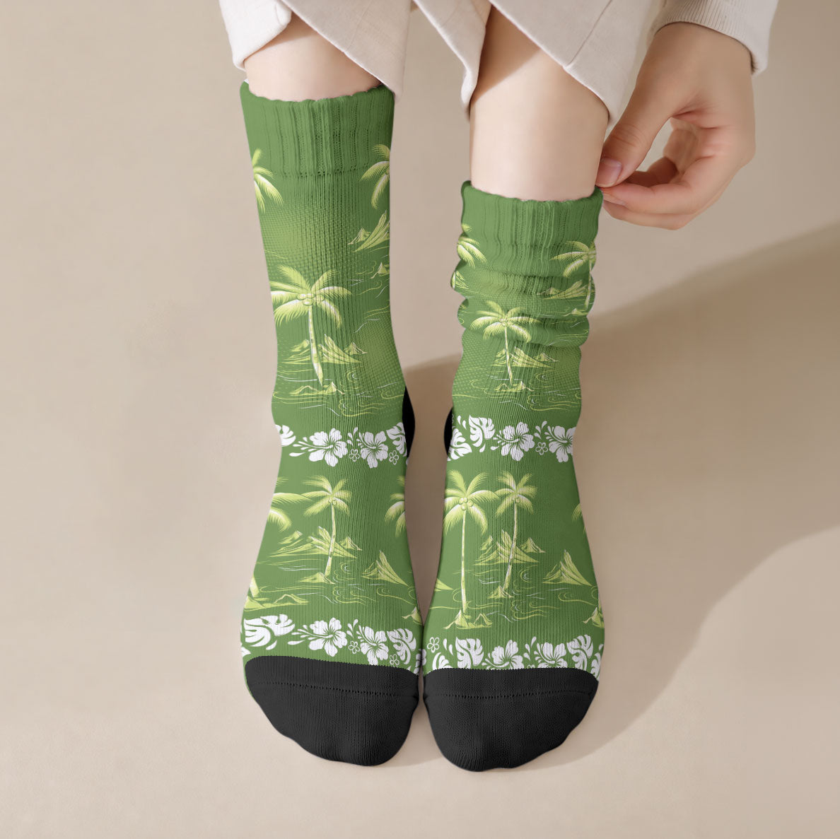 Olive Green Hawaii Palm Tree Hibiscus Crew Socks Fantasy Summer Vibe LT01 Crew Socks Olive - Polynesian Pride