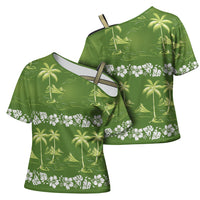 Olive Green Hawaii Palm Tree Hibiscus Cross Shoulder Shirt Fantasy Summer Vibe LT01 - Polynesian Pride