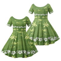 Olive Green Hawaii Palm Tree Hibiscus Family Matching Long Sleeve Bodycon Dress and Hawaiian Shirt Fantasy Summer Vibe LT01 Daughter's Dress Olive - Polynesian Pride