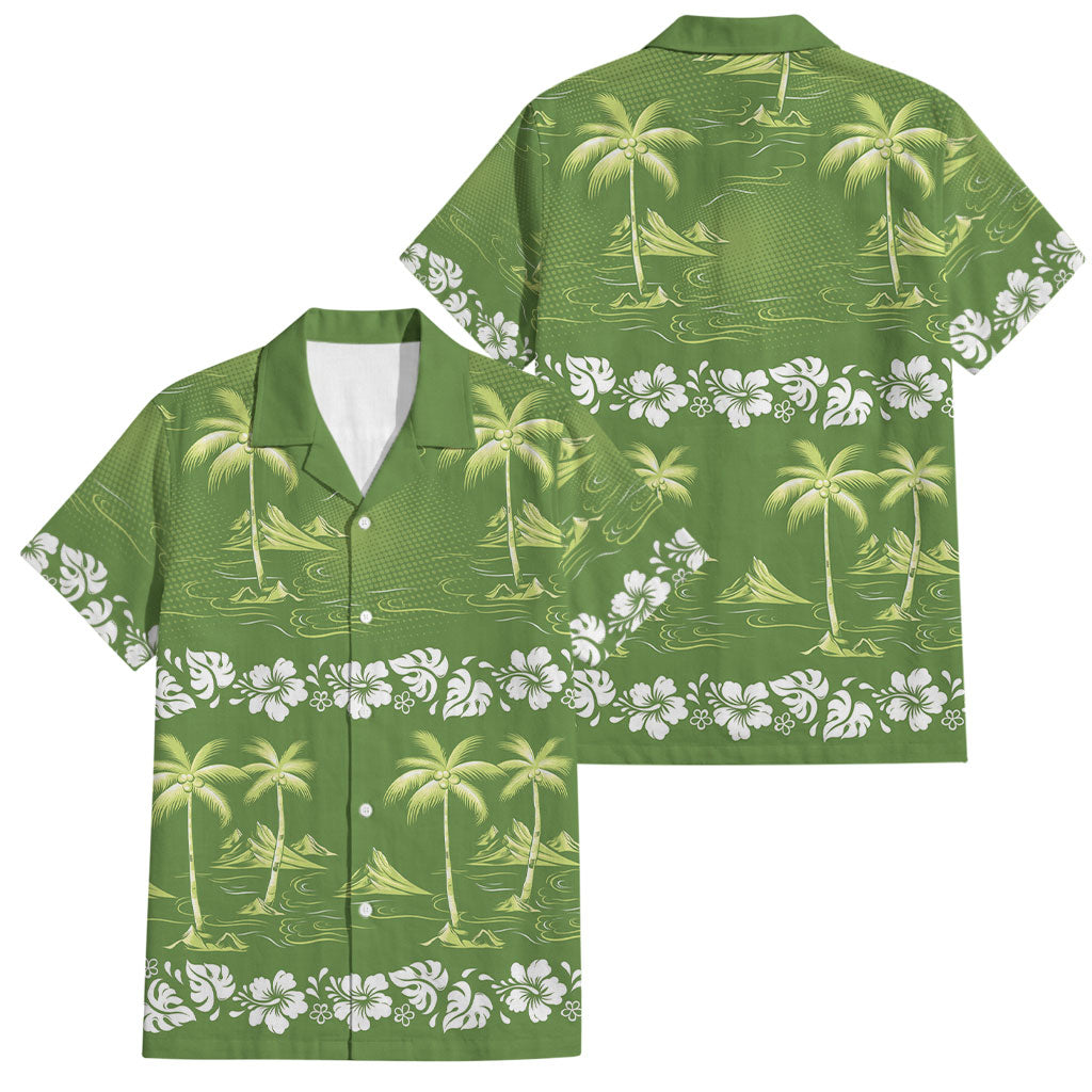 Olive Green Hawaii Palm Tree Hibiscus Family Matching Tank Maxi Dress and Hawaiian Shirt Fantasy Summer Vibe LT01 Dad's Shirt - Short Sleeve Olive - Polynesian Pride