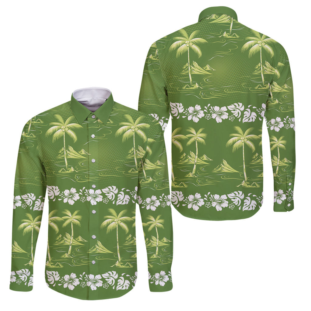 Olive Green Hawaii Palm Tree Hibiscus Family Matching Tank Maxi Dress and Hawaiian Shirt Fantasy Summer Vibe LT01 Dad's Shirt - Long Sleeve Olive - Polynesian Pride